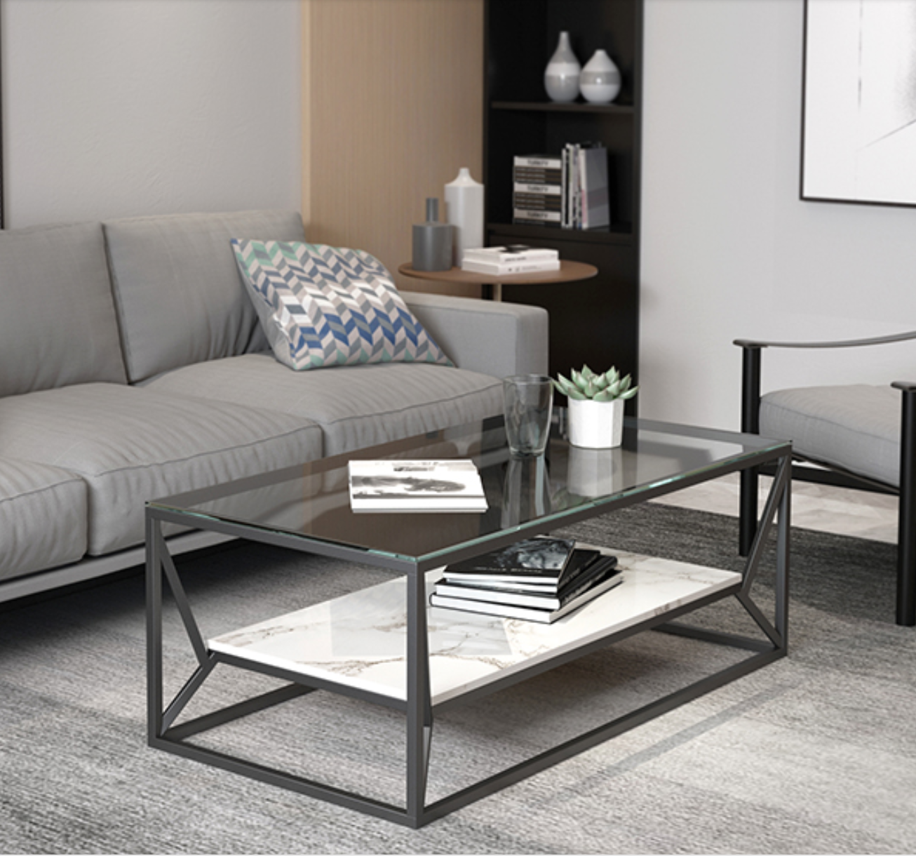 CHIARA Modern Industrial Glass Top Coffee Table