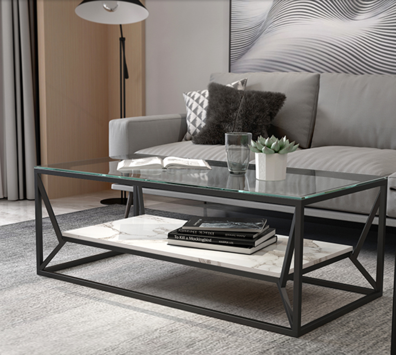 CHIARA Modern Industrial Glass Top Coffee Table