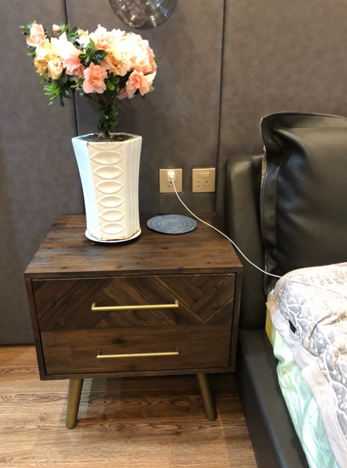 LEAH Herringbone Acacia Solid Wood Bedside Table