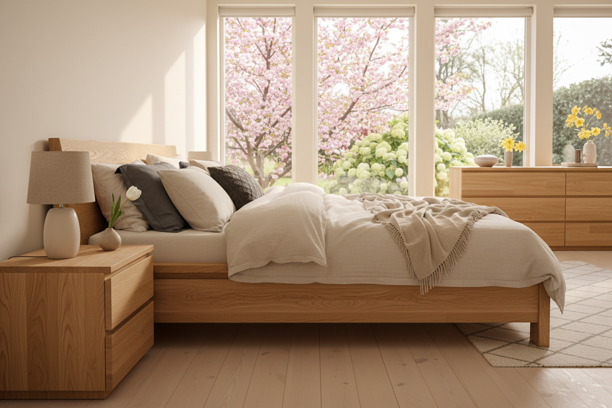 create a warm scandinavian room setting with solid wood bed frame, bedside table, dresser

 the bedroom is display at an angle in large room setting

The room has large window at the back , with the background spring flower blooming

With good very close up focus