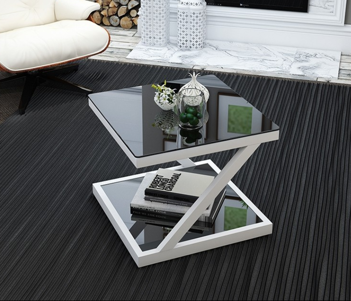 MADELYN Contemporary Z Design Tempered Glass Top Side Table
