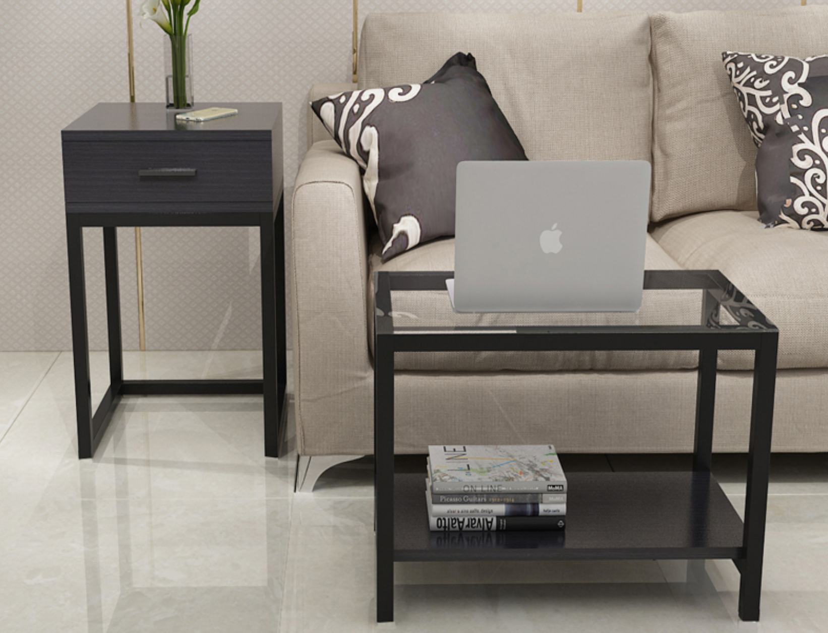 KRISTIAN Contemporary Glass Side Drawer Table