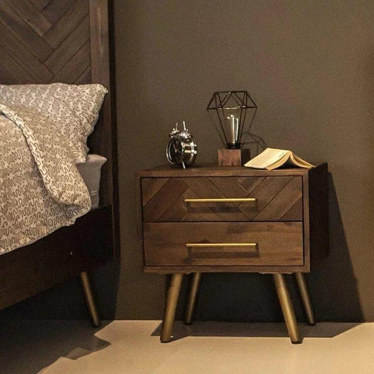 LEAH Herringbone Acacia Solid Wood Bedside Table